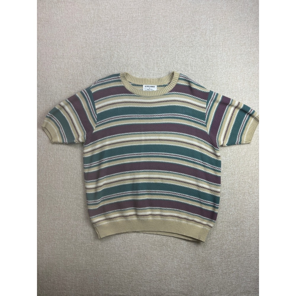 Alfred Dunner Mens Vintage Striped Short Sleeve Knit Sweater Large Green Purple